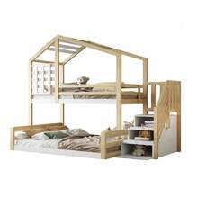 Bunk Bed, 90 X 200 Cm, In Pine, With Window, Headboard, Safety Rail And Storage Steps, Natural Finish - Natural Color - View 1