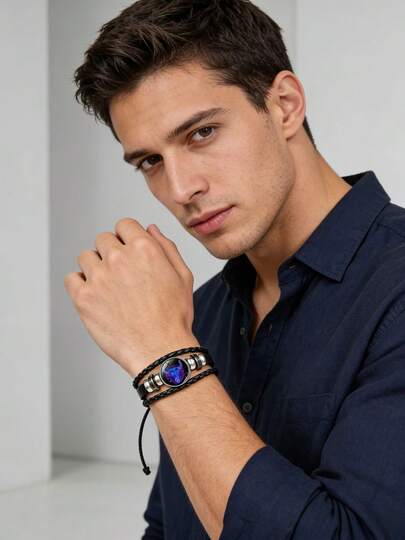 Pulsera de pareja en Europa y América, pulsera de cuero trenzado de múltiples capas con 12 signos del zodíaco y cielo estrellado