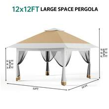 Carpa plegable de doble techo resistente de 3,6 x 3,6 m para patio exterior con mosquitera, instalación con un solo toque, pabellón con mosquitera y 4 sacos de arena, para patio, jardín y césped, colo - Caqui - Ver 7