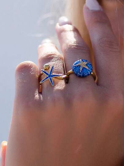 2 pièces Ensemble de bagues style plage avec étoile de mer et dollar de sable de couleur bleue pour femmes, bague style bohème et océan pour vacances