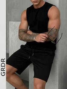 Bộ đồ nam GRDR gồm áo tank top và quần short màu trơn, kiểu dáng thường ngày. - màu đen - Xem 3