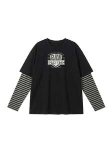 Letter Print 2 In 1 Long Sleeve Round Neck Loose Knit T-Shirt, Fashionable Commuter Top For Spring/Autumn, Valentine's Day Outfit - 2A19 Black - KJ0264 - View 7