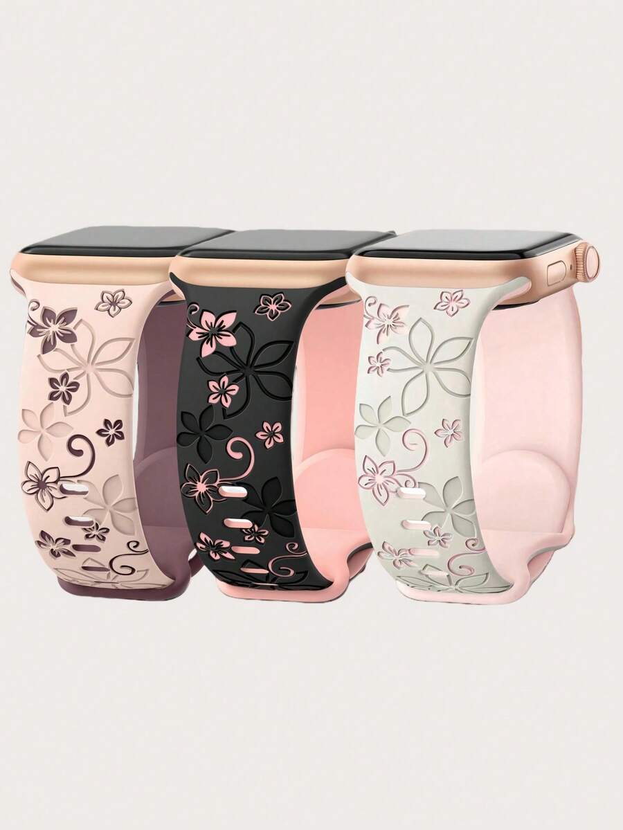 3条装花卉雕刻表带，兼容表带41mm、40mm、44mm、45mm、46mm、42mm、38mm、49mm，女士款，可爱花朵表带，柔软硅胶运动表带，兼容 Series SE、11、10、9、8、7、6、5、4、3、2、1、Ultra