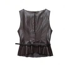 Women's Elegant Round Neck Faux Leather With Belte Top And Split Midi Skirt Two Pieces Set Summer - Chocolate Brown - View 5