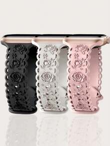 3件組 3D蕾絲花卉雕花錶帶，適用於 49mm 46mm 45mm 44mm 42mm 41mm 40mm 38mm，波西米亞風玫瑰運動矽膠腕帶，適合 Series Ultra 11 10 9 8 7 6 5 4 3 2 1 SE 男女款 - 彩色 - 查看 17