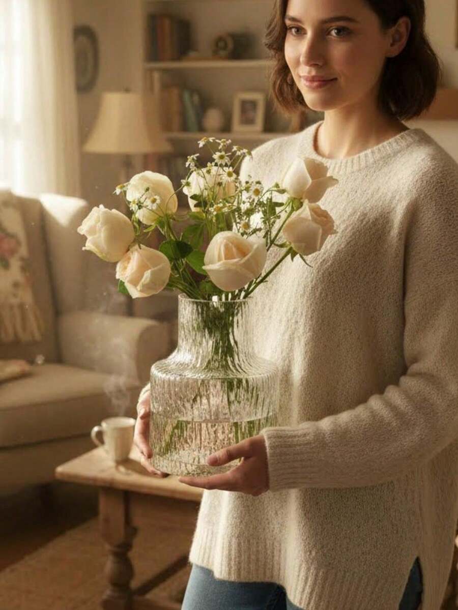 1个复古纹理玻璃花瓶 - 宽口花束容器和水培植物展示架 - 透明桌面装饰，适用于家居/婚礼装饰 - 农舍餐厅点缀、波西米亚风置物架装饰、乡村婚礼接待必备、极简主义客厅装饰、水培植物盆栽家居装饰花瓶