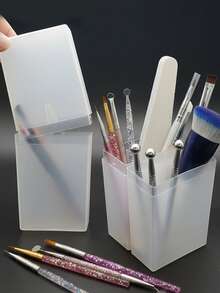 Retractable Makeup Brush And Nail Tool Organizer With Lid , Transparent Plastic Container Cup, Makeup Artist Travel Brush Organizer | Suitable For Vanity, Professional And Everyday Use, Multi-Functional Pen/Pencil/Straw Organizer - Multicolor - View 2