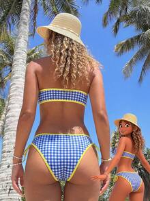 wohenmeili Plaid Print Contrast Trim Halter Neck Bikini Set Vacation - Light Blue Checkered White With Yellow Trim - View 6