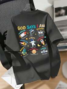 Camiseta gráfica para niño preadolescente "Dios dice que soy...", adecuada para la calle, el campus, eventos, uso diario, top de verano de moda para niños - Gris Oscuro - Ver 6