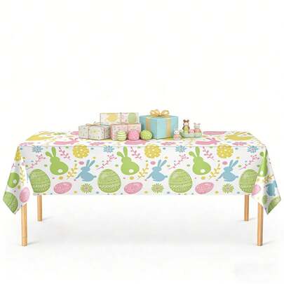 Bộ 3 món, 1 khăn trải bàn Phục Sinh dùng một lần hình thỏ và trứng, trang trí tiệc gia đình mùa xuân Phục Sinh, kích thước 108 x 54 inch.