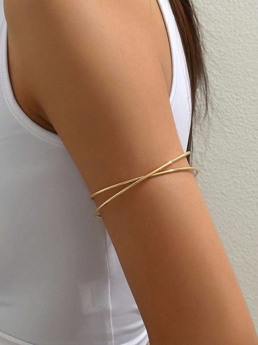 1 chiếc vòng tay kim loại bắt chéo kiểu dáng tối giản, thời trang dành cho nữ, phù hợp để đeo hàng ngày. - Vàng - Xem 1