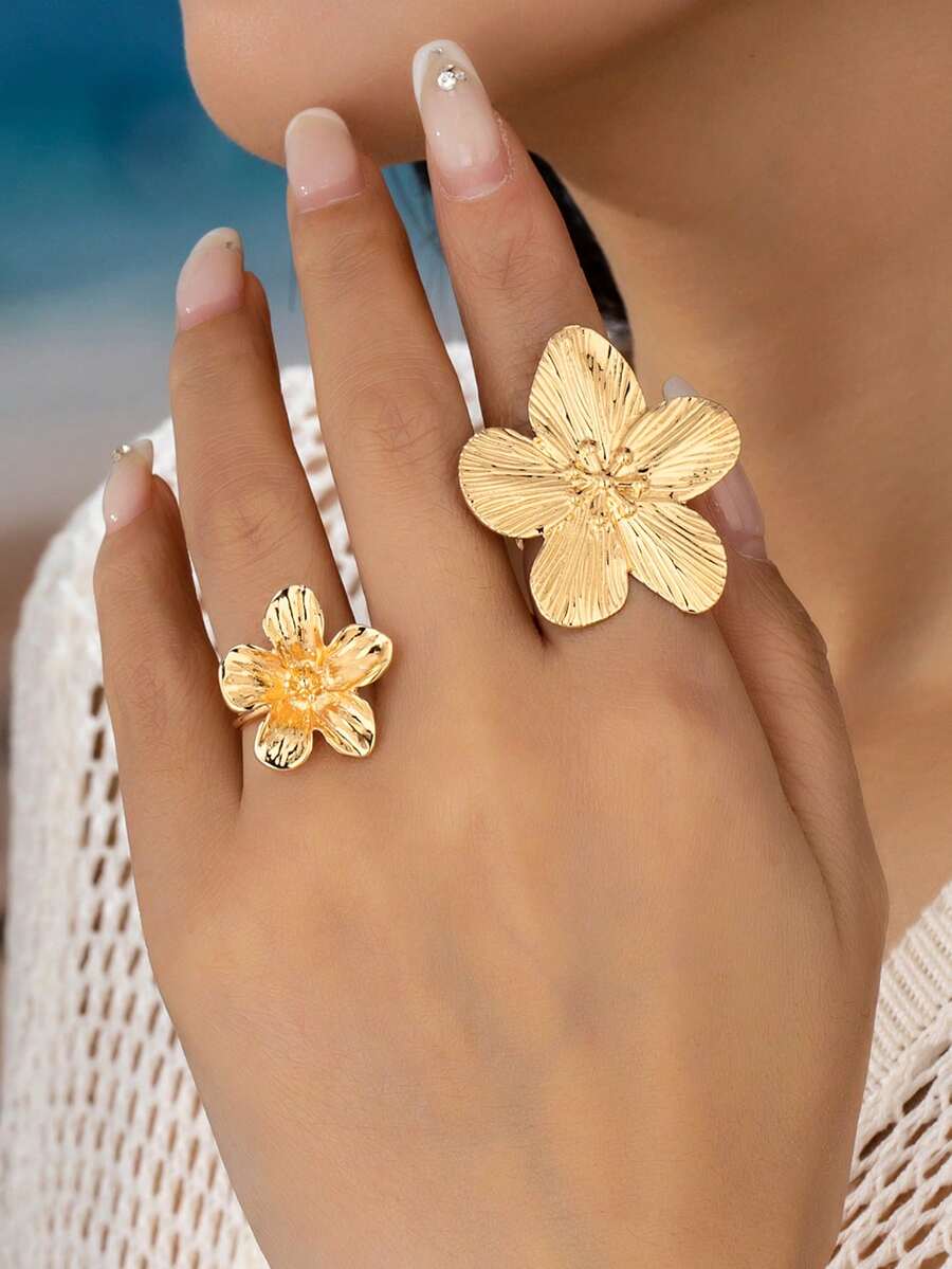 2pcs/Set Tropical Boho Style Hibiscus Flower Rings, Boho Exaggerated Floral Rings, Suitable For Daily Wear, Vacation, Beach Travel - Gold - View 1