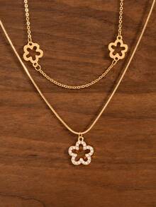 1 pieza Collar de doble capa con flor hueca y elegante para adolescentes - flores - Ver 2