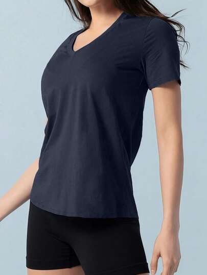 Women's V-Neck Yoga Top, Outdoor Running Sports Casual Loose Elastic Short Sleeve T-Shirt