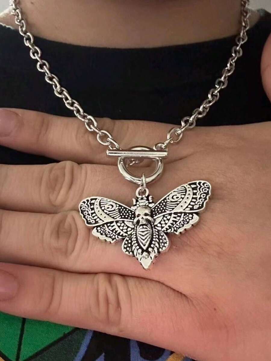 波西米亚哥特式飞蛾骷髅哥特蝴蝶吊坠Y2K项链，男女皆宜 - 銀色 - 查看 1