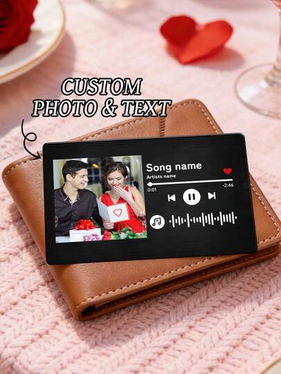 1pc Customized Photo Music Player Metal Wallet Card,Personalized Couple Photo & Favorite Song Engraved Card,Custom Song Name & Artist Wallet Card,Music Player Interface & Sound Wave Design Wallet Insert, Anniversary Gift,Valentine'S Day- Insert Your Favorite Photos And Songs