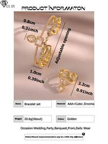 2 pezzi Set di bracciale e anello con charm a forma di faccia sorridente in zirconia cubica della serie fantasy, set di gioielli da matrimonio in lega di rame con zirconia cubica brillante, adatto per banchetti, balli, feste - Oro giallo - Visualizzare 4