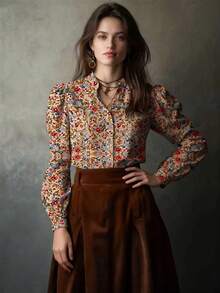 Camisa con botones y mangas con volantes con estampado floral diminuto en todo el diseño, ideal para vacaciones y primavera - Albaricoque - Ver 4