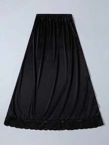 Knee-Length White Satin Contrast Lace Lining Skirt, Opaque Anti-Flashing Lace Trim A-Line Skirt, Matching Underskirt - White - View 22