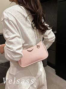 New Fashion Classic Joker Solid Color Pu Waterproof Fabric Shoulder Baguette Bag, Strawberry Metal Chain Decorated Underarm Bag, Elegant Handbag, Business Commuter Bag, Suitable For Travel, Shopping, Parties, Party Festivals. - 粉紅色1052 - 查看 6