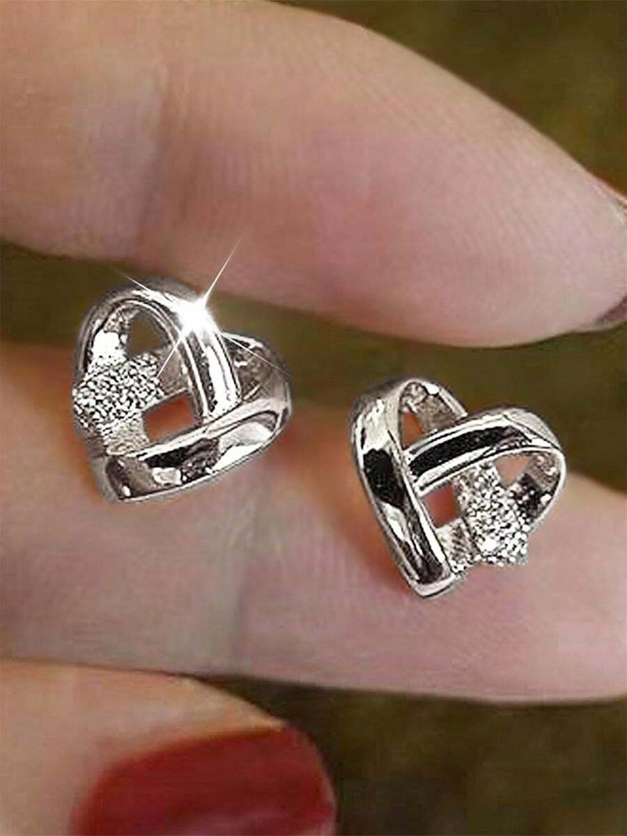Fashion Heart Design Stud Earrings, Casual Jewelry For Women, Simple Jewelry For Party, Daily Decor,  All-Match & Exquisite Jewelry For Birthday Gift, Heart Shaped Earrings - 銀色 - 查看 1