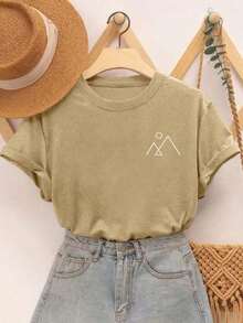 Camiseta Feminina Estampa Pirâmide e Lua Básica Estampa Delicada 100% Algodão - Caqui - Visão 2