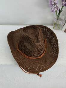 1pc 女士米色镂空编织草帽西部女牛仔风格透气防晒自系风绳适合海滩度假日常出游时尚手工巴拿马女牛仔大草帽波西米亚风格沙滩草帽防晒帽休闲沙滩防风帽 - 米色 - 查看 16