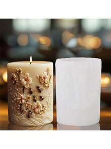 Bee & Peach Blossom Branch Embossed Cylindrical Candle Silicone Mold - White - View 4