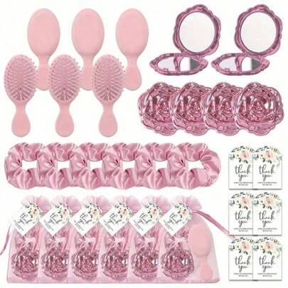 5/15/30件套粉色镜子礼盒套装，包含粉色发梳、玫瑰色镜子、发圈，适合节日、主题派对、生日、婚礼、伴手礼、纪念品、睡衣派对、单身派对等场合。
