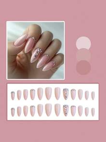 Monina 24片Y2K杏色亮片水钻假指甲，夜光时尚美甲，适合日常、通勤、旅行等各种场合的美甲用品 - 粉色 - 查看 3