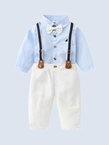 2pcs Baby Boys Gentleman Outfit, Blue Long Sleeve Shirt With Bowknot And Overalls, Fashionable & For Birthday Party, Wedding, Anniversary Celebration - Blue - View 2