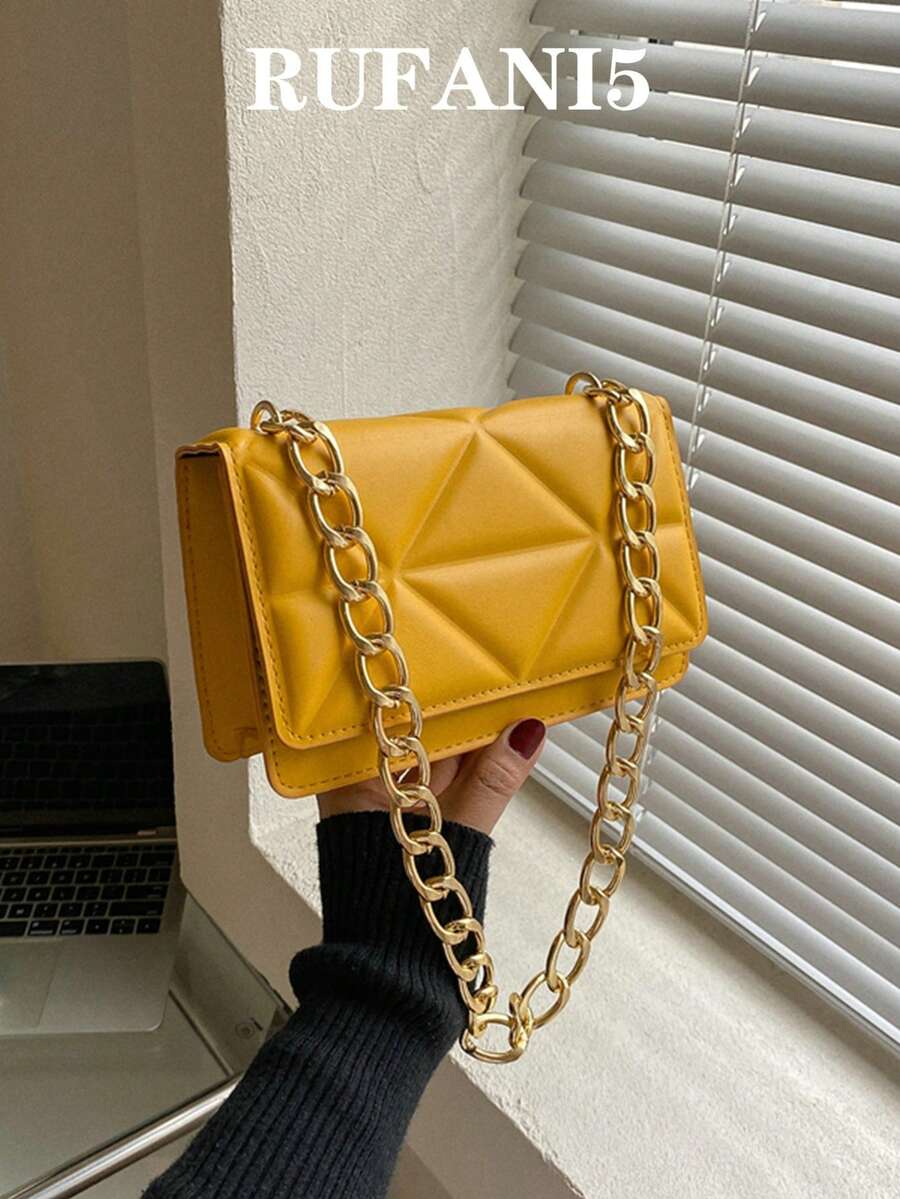 Mini Embossed Detail Flap Square Bag, Fashionable Butter Yellow Bag For Women - Yellow - View 1