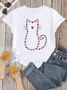 Women's & ' Cat Lover Valentine's Day T-Shirt - Cute Kitten Print With Paw Heart, Cat Mom Shirt, Cosplay Costume Gift For Cat Owners, - Comfortable Round Neck Top - Summer Tops - 2026 New Women's Short-Sleeve T-Shirt - Graphic T-Shirts - White - View 2