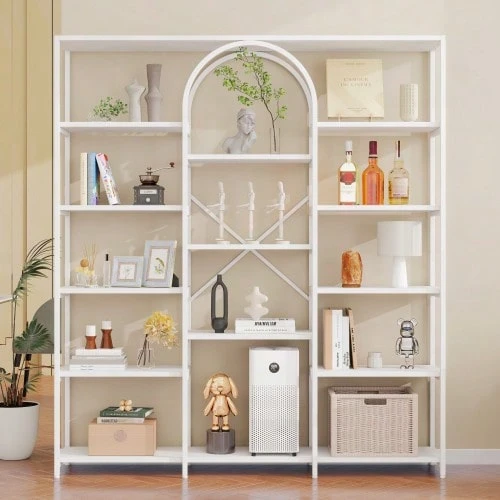 Modern And Minimalist Style Shelf Measuring 160 X 30 X 180 Cm, Made Of Sturdy Steel Tubes And MDF, With Multiple Storage Compartments, Rectangular And Arched Design, White. - 1PC - 查看 1