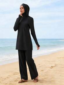 VFJ 3pcs Women High Elasticity Casual Conservative Rash Guard Long Sleeve Finger Hole Swimsuit Set, Includes High Waist Bottoms, Hooded Top, And Hat - Black - View 7