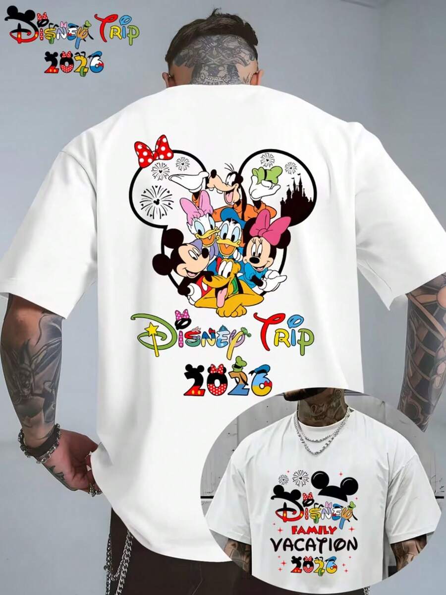 Authorized Disney Happy New Year 2026 Cartoon Printed Men's T-Shirts, T-Shirts For Leisure And Comfort, Breathable And Light, Fashionable Street Clothes And Men's Casual Tops. - 白色 - 查看 1