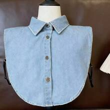 Women's Casual Cotton Denim Detachable Pointed Collar Shirt, Spring & Autumn - Blue - View 5