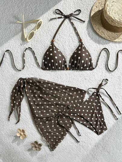 Conjunto de bikini con espalda anudada, estampado de lunares, lindo y sexy, adecuado para aguas termales, natación y vacaciones en la playa