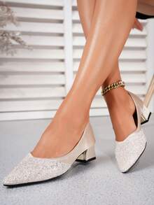 2026 Primavera/Verano Zapatos de tacón de punta francesa, Mocasines de tacón medio con decoración de rhinestones y perlas, Zapatos náuticos elegantes de talla grande - Albaricoque - Ver 10