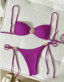 Thin Strap Thong Bikini With Side Tie, Shell Buckle, And Padded Cups - Rose Red - View 5