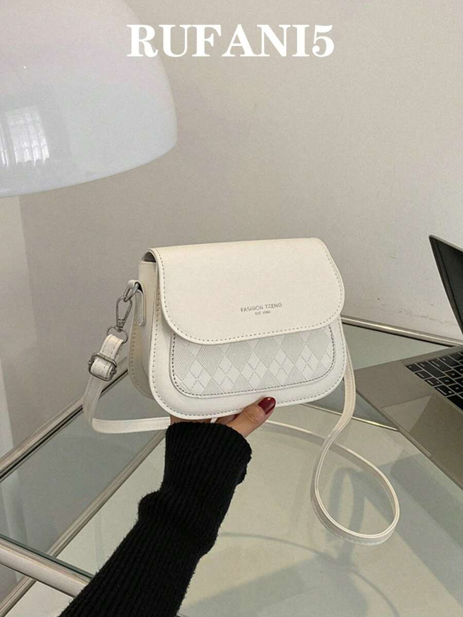 Mini Plaid Embossed Square Bag Stylish PU Leather Crossbody Bag, Solid Color Flap Shoulder Bag, Perfect Sling Bag For Daily Use - Beige - View 1