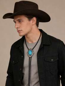 1件时尚百搭蕾丝椭圆形蓝色树脂项链，领结衬衫皮革长项链，个性化简约编织男女通用颈链，情人节派对礼物，日常佩戴 - 復古銀色 - 查看 8