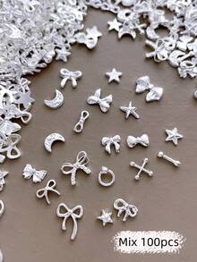 Mix50/100pcs Mini Nail Charms, Including Moon, Bowknot, Star, Cross, And Other Silver Nail Charms, Simple Y2K Metal Nail Supplies, Nail Gems, Suitable For Multi-Functional DIY Accessories Nail Decoration Nails - Multicolor - View 8