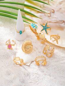 10 Stücke/Set stapelbare Ozean-Elemente Seestern Ringe, Schildkröten- & Muschel-Ringe, bohemian Stil Schmuckzubehör, geeignet für Bademode & Urlaub - Verschiedenfarbig - Übersicht 2