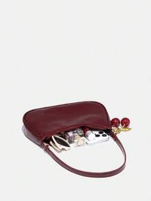 Women's Fall Outfits, Floral Patterned Fabric, Cute Pendant Decor, Cherry Pendant, Women's Minimalist One Shoulder Bag, Zipper Closure, Retro Style, Underarm Bag, Suitable For Multiple Occasions Glossy Leather,Shoulder Bags For Women,Handbags For Women,Cherry Keychain,Bag Charms,Black Purse,Carteras Para Mujer,Purses And Bags Women,Bolsos Para Mujer, Valentine's Day,Valentines,Carteras Para Mujer,New Year,    [Cherry Accessory Included Randomly] Please Do Not Purchase If You Mind.,Valentine's Day,New Year - Màu Đỏ Sâu - Xem 2
