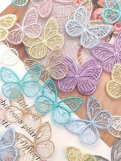 Parches bordados de tela de organza con ribete de encaje de mariposa de 1.8 pulgadas, para coser en ropa, suministros de manualidades, pasadores para el cabello, decoración de vestidos de novia y fiestas, en múltiples colores