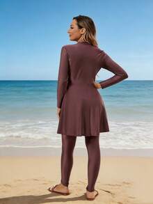 VFJ 女士高弹力保守泳衣圆领拉链布基尼高腰泳裤休闲穿着全包覆 - 中紫紅色 - 查看 4