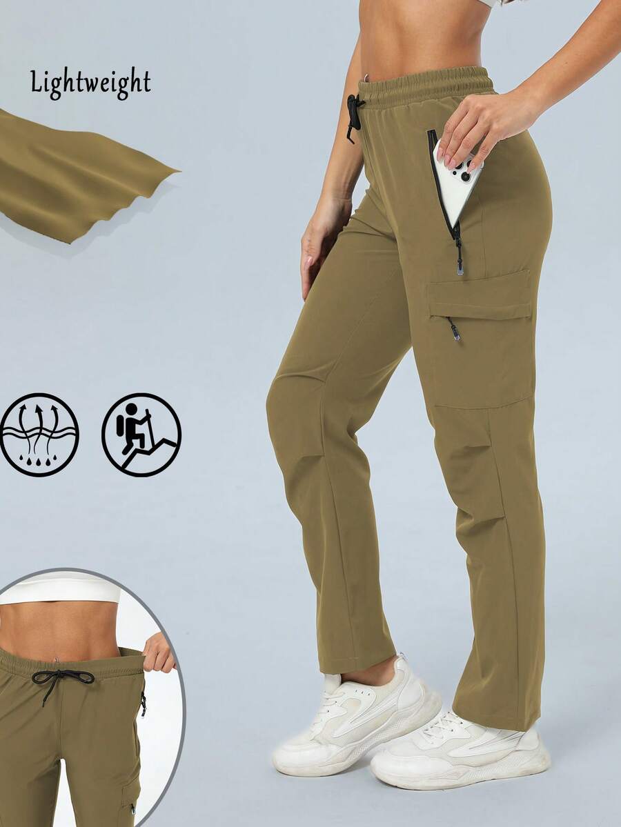 Women Hiking Lightweight Thin Pants Quick Dry Travel Golf Cargo Safari Pants Zipper Pockets - Camel - View 1