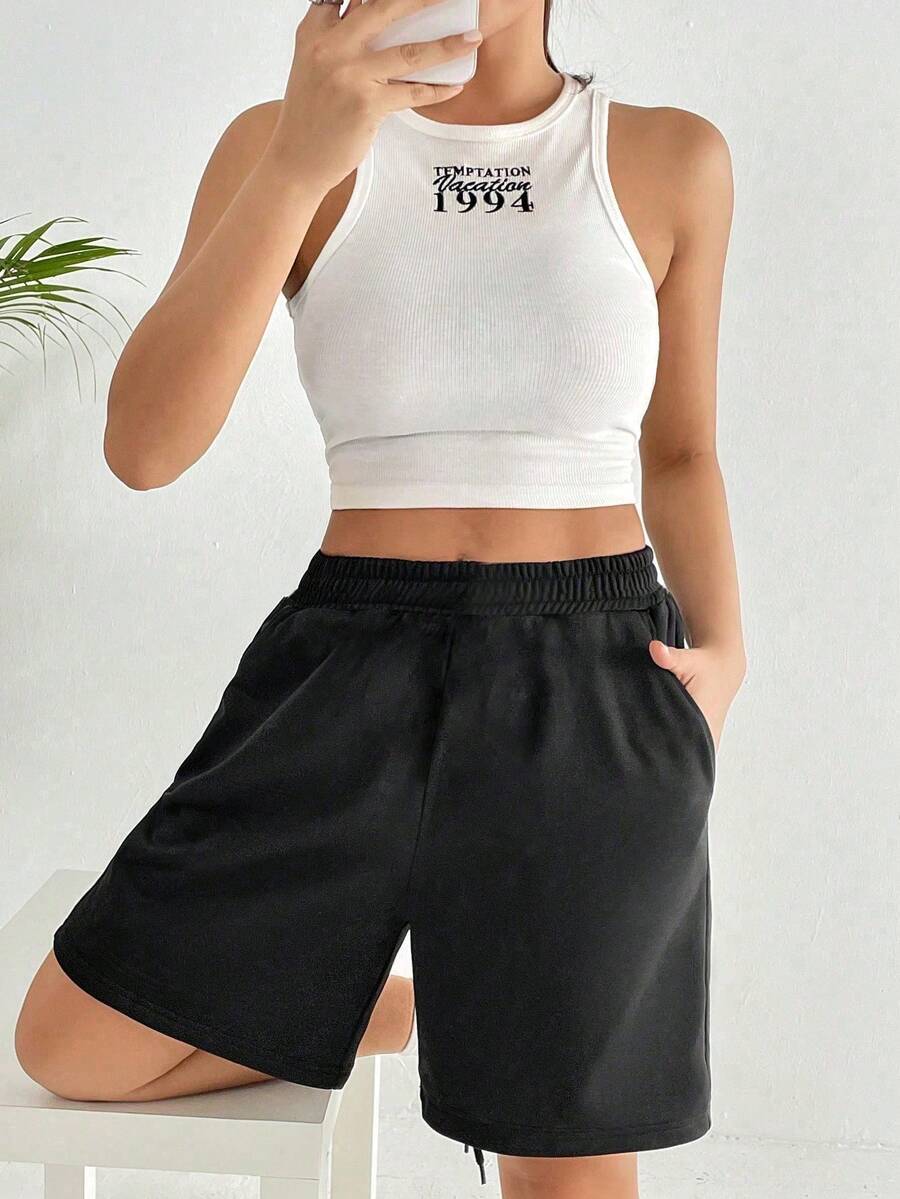 1 pieza Pantalones cortos sueltos, casuales y versátiles para ir al trabajo, al aire libre y deportes para adolescentes - Negro - Ver 1
