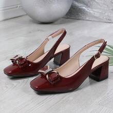Women's Elegant Luxury Sandals, Fashionable Square Toe High Heels For Walking, Gathering, Commuting, Office, All Seasons - Burgundy - View 4